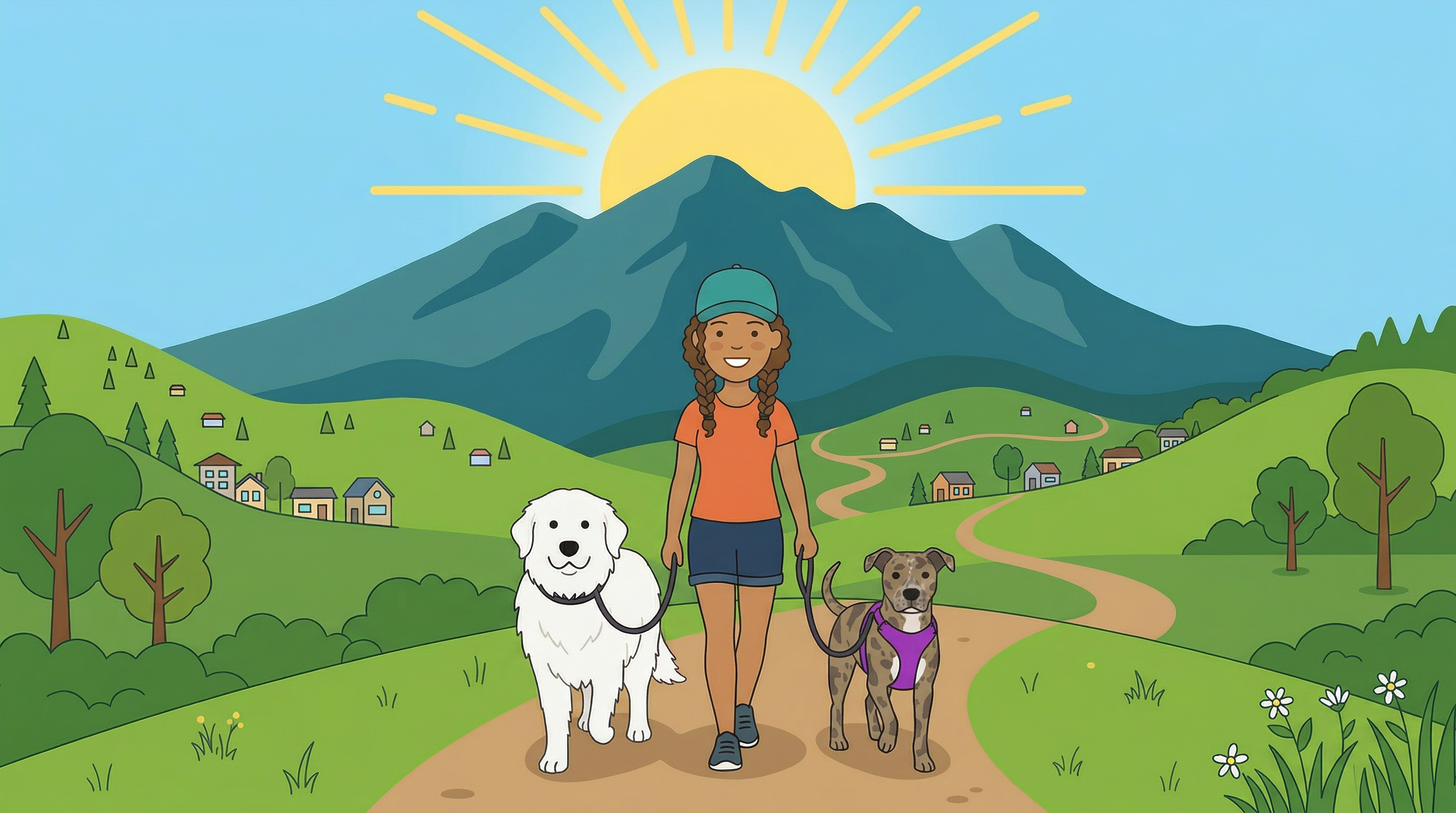 Cartoon illustration of Rachel walking Julia and Max through a Marin valley with Mt. Tam in the background